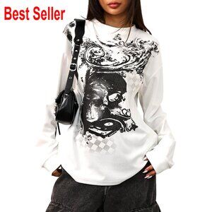 Y2K Grunge Graphic Tee Long Sleeve Streetwear Top Minimal Chic Retro Style